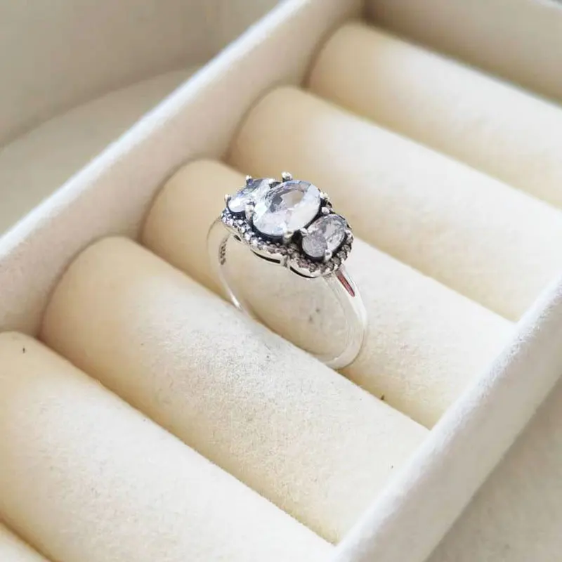 925 Sterling Silver Three Stone Vintage Ring with Clear Cz Fashion Pandora Style Jewelry Ring For Women