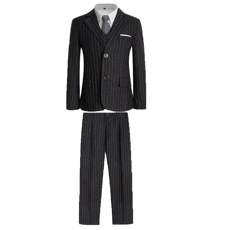 

Boys Black Stripe Suit For Wedding Host Speech Children Jacket Vest Pants Bowtie Ceremony Tuxedo Dress Kid Prom Photography Suit