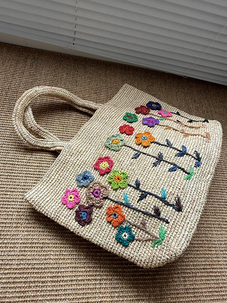 Bohemian Flower Straw Bag Handbag Summer Raffia Beach Bags for Women Shoulder Bag Handmade Bali Travel Woven Rattan Bags Tote