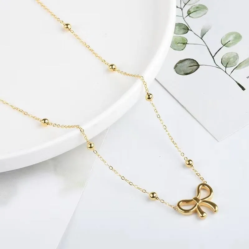Anenjery l316 Stainless Steel Beaded Chain Hollow Bowknot Pendant Necklace for Women Niche Simple Jewelry Accessories_voghion.com