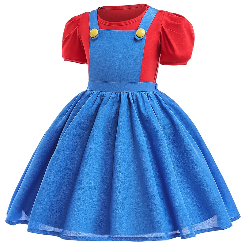 Cosplay Costume Kids Girls Dress Child Cartoon Bros Cosplay Suit Short Sleeve Top+Dress With Hat Girl Halloween Party