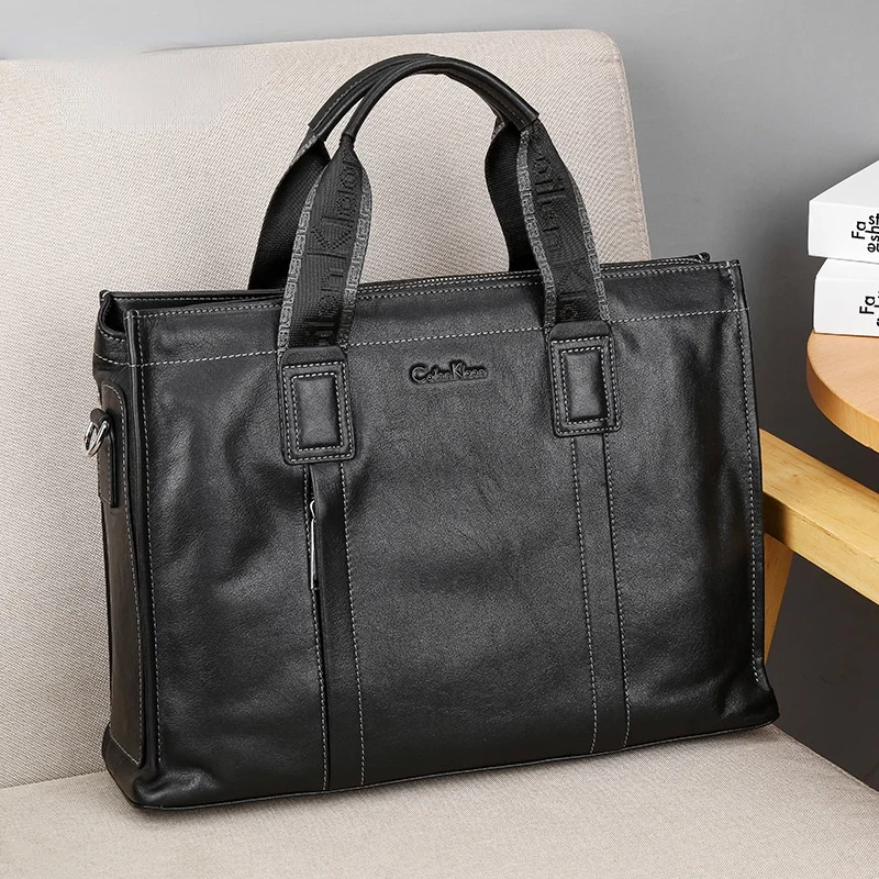 

2024 New Genuine Leather Casual business affairs Men Handbag Man Briefcase Business Shoulder Black Classic Crossbody 14 Inch