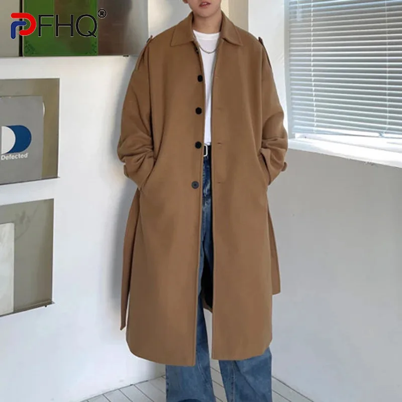 

PFHQ Men's Solid Color Woolen Trench Coat Casual Comfortable Warm Single Breasted Belt Design Trendy Windbreakers Autumn 21Z2869