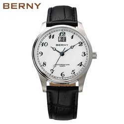 BERNY Classic Men Quartz Watch BERNY VJ76 Male Date Display Easy Read Soft Leather Strap 3ATM Waterproof Casual Wristwatch
