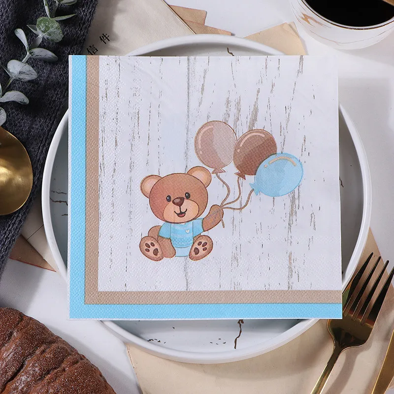 20pcs/bag Cute Blue Bear Balloon Printed Disposable Napkins Paper Cocktail Dinner Birthday Baby Shower Decoration