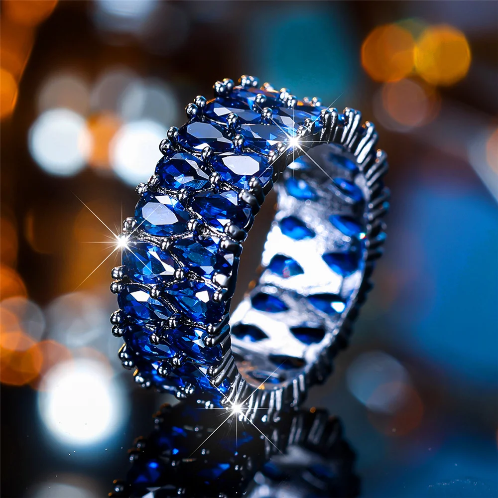 Luxury Female Crystal Purple Blue Zircon Stone Engagement Ring Vintage Black Gold Color Water Drop Wedding Jewelry For Women