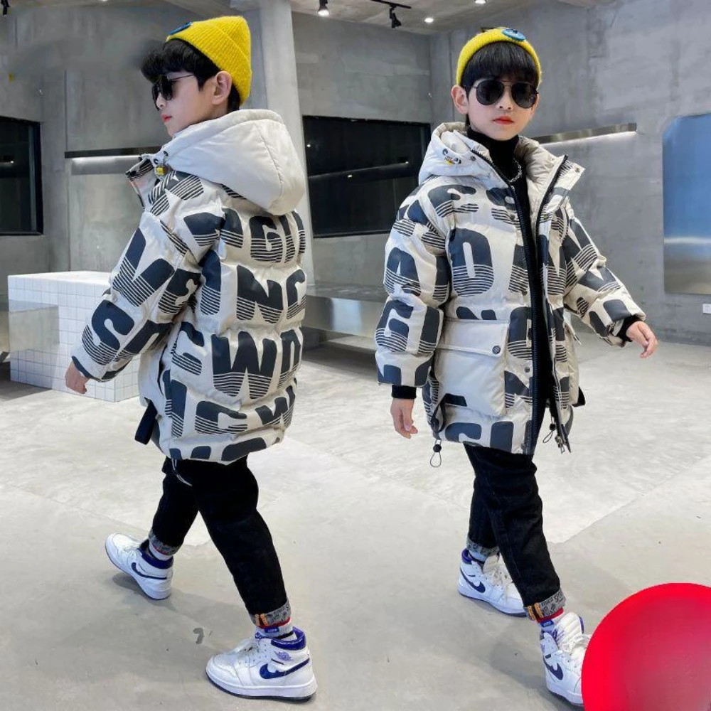 

Kids Hooded Printed Letter Silk Floss Padded Thicken Warm Zipper Casual Jackets 2023 Fashion New Boys Full Sleeves Autumn Winter