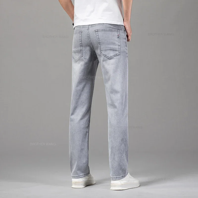 Summer Thin Men's Stretch Cotton Soft Denim Jeans Fashion Gray Business Slim Straight Casual Pants High Quality Brand Trousers