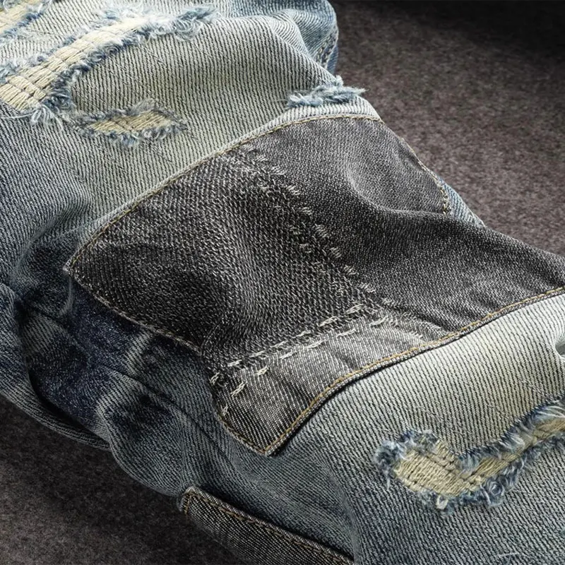 High Street Fashion Men Jeans Retro Washed Blue Stretch Slim Fit Ripped Jeans Men Patched Designer Hip Hop Denim Pencil Pants