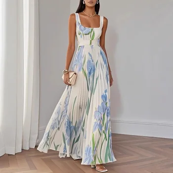 New Women's Summer Dress Elegant Floral Print Pleated Long Dresses Spring Square Collar High Waist Party Dress Long Vest Skirt 1