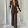 Women Suits Dark Brown 2 Piece Chic Peak Lapel One Button Solid Tuxedo Party Prom Slim Fashion Female Pants Sets (Blazer+Pants) 1