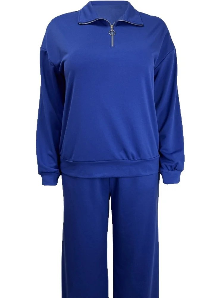 Wmstar Women Pants Sets Wholesale Plus Size Solid Color Suit A Half Zipper Long Sleeve Top with Loose Tightness and Straight Top