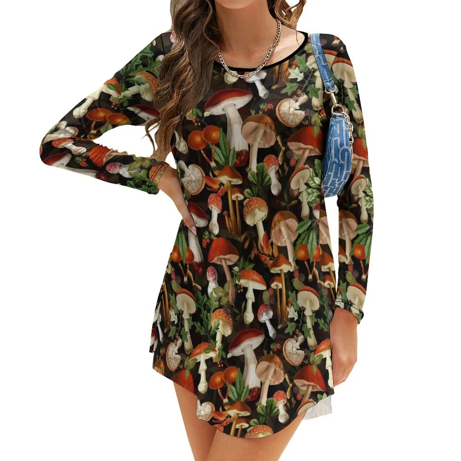 

Vintage Red Mushrooms Forest Botanical Night Garden Pattern - Black Long-Sleeve Dress dresses for womens luxury dress