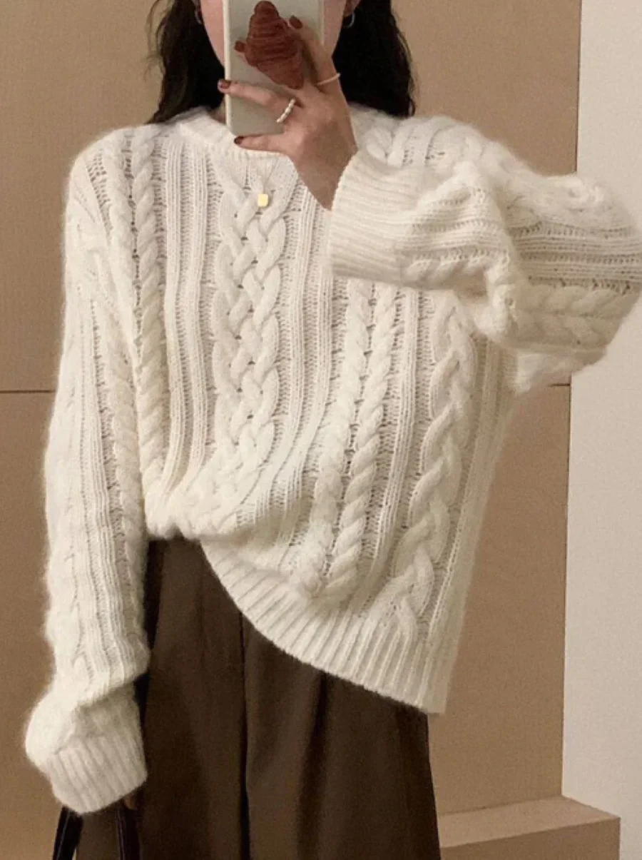 

Twist Sweater for Women Round Neck Long Sleeve Solid Color Loose Autumn Winter Knitted Pullover