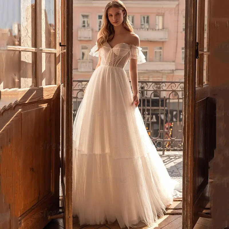 

Princess Sweetheart Wedding Dresses For Women A-Line Off The Shoulder Backless Tulle Chapel Train Bridal Gown Vestidos De Novia