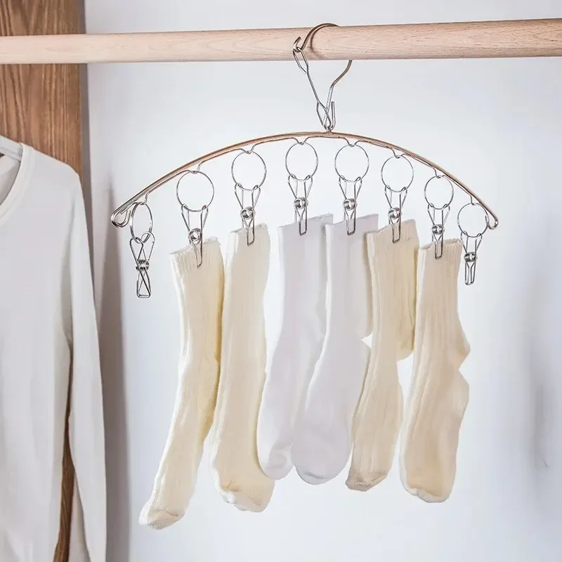 1pc 8-Clip Stainless Steel Sock Clothes Drying Rack with Windproof Curved Clothes Rack Multifunctional Dual-Purpose Clothes Rack