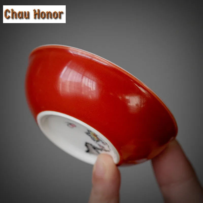 2PC/Set 40ml Pure Hand-painted Butterfly Love Flower Tea Cup Coral Red Ceramic Master Cup Household Kung Fu Pu'er Small Tea Bowl