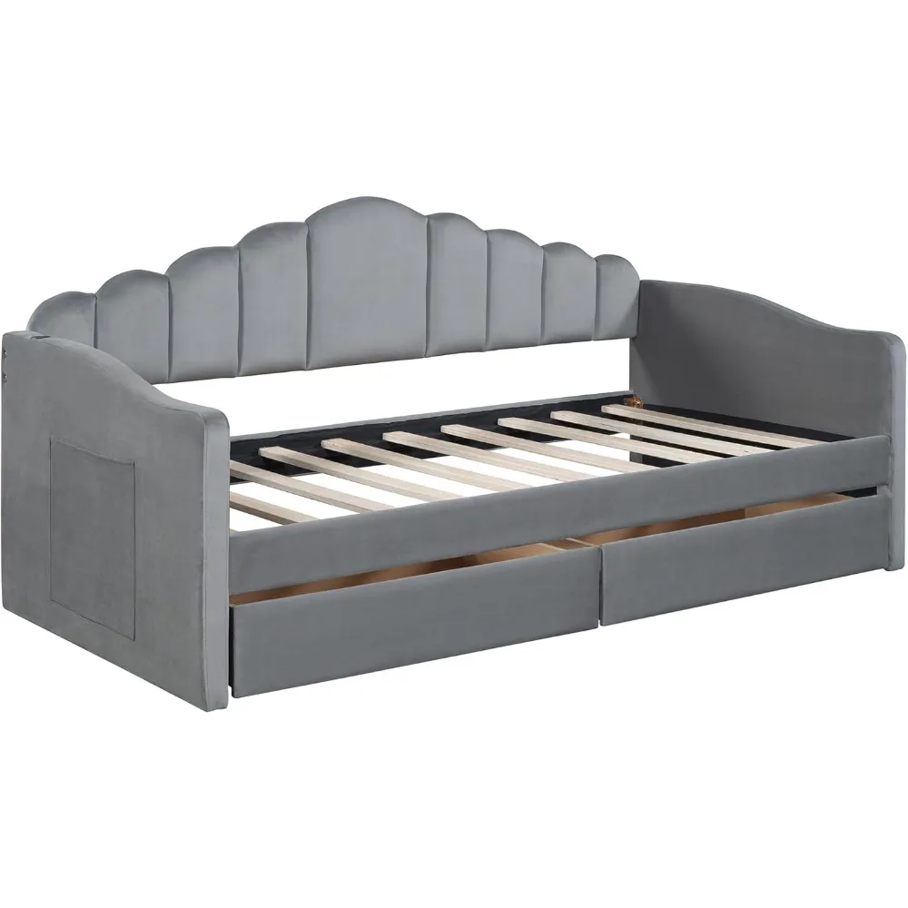 Elegant Twin Size Upholstered Daybed with 2 Drawers and USB Charging Ports, No Box-Spring Needed (Gray) Children's Sofas 5