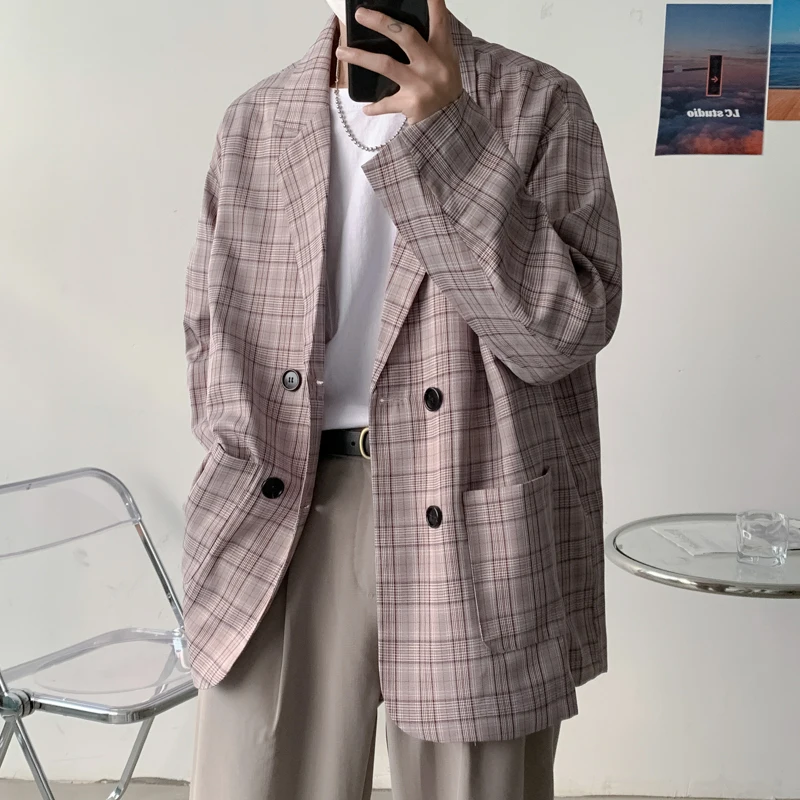 

2023 Mens Blazer Basic Plaid Korean Suit Casual Oversized Fashion Vintage Unisex Coat Outerwear