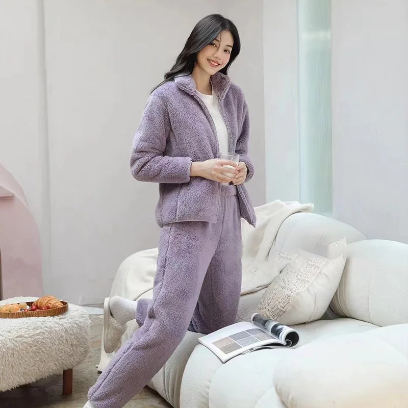 

Autumn And Winter Thickened Solid Color Pajamas Women's Cashmere New Coral Wool Simple Household Clothes Suit Zipper Casual