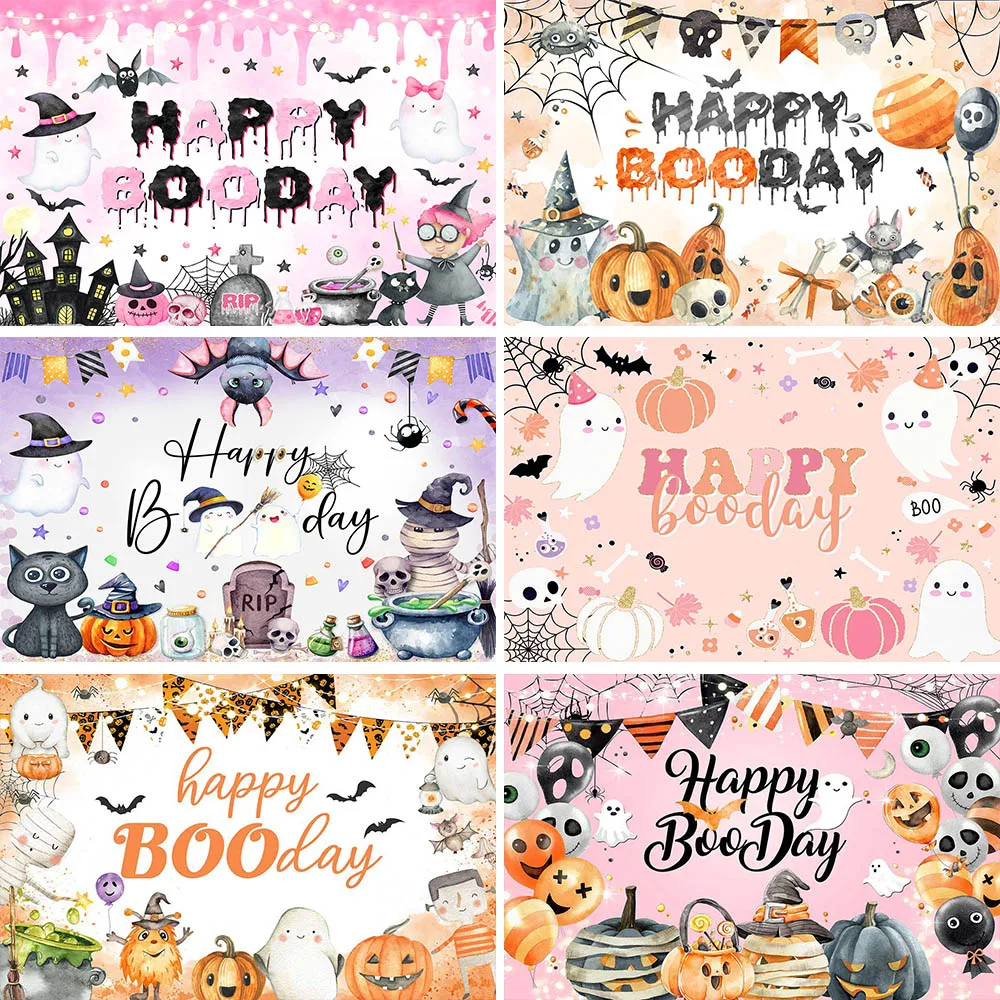 

Mocsicka Happy Boo Day Halloween Backdrop Evil Pumpkin Bat Ghost Child Birthday Party Decor Background Photo Studio Shoot Props