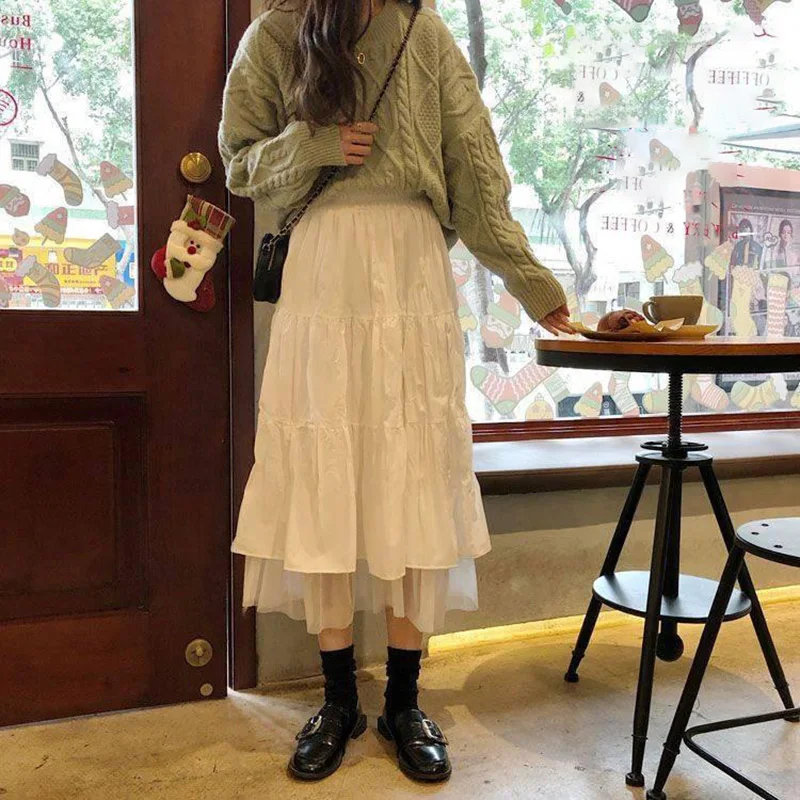 White Patchwork Mesh Long Skirt Sweet A-line Casual Korean All-match Fashion Trend For Women New In Clothes Solid Ins Streetwear