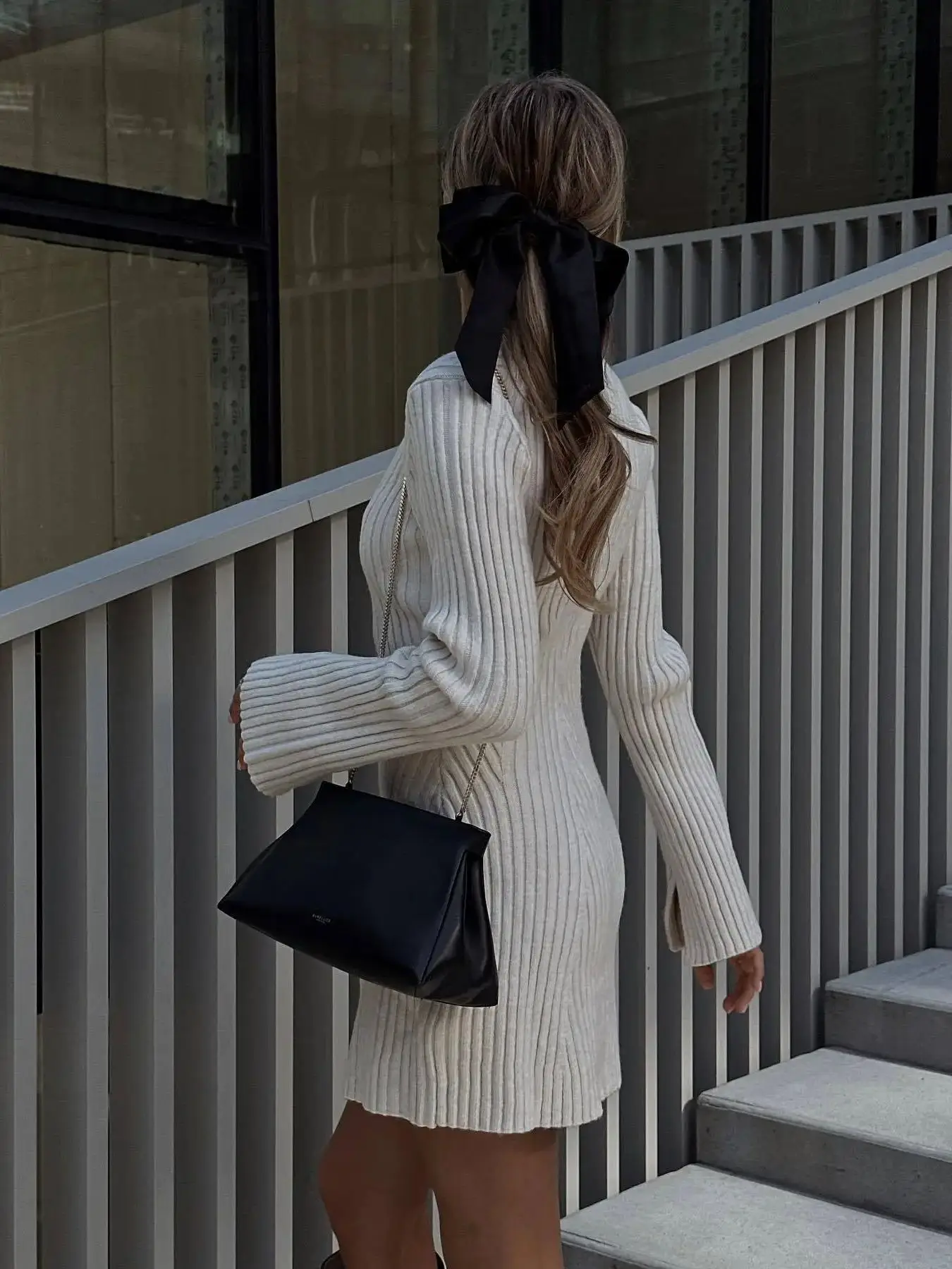 White Knitted Women Dress 2025 Winter Black Long Sleeve Mini