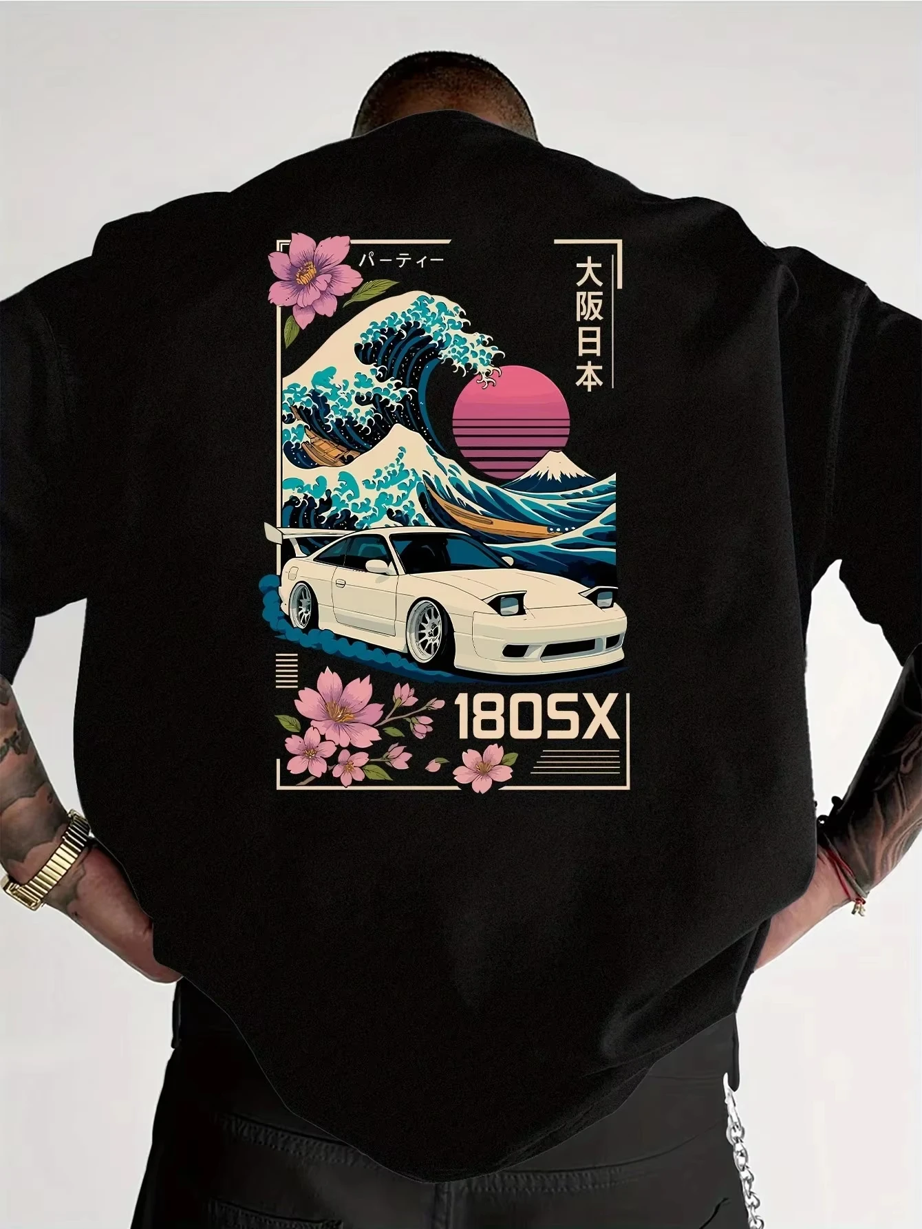 Neues Herren-Kurzarm-T-Shirt mit japanischem Ukiyo-e JDM-Autokultur-Trend-Print, lässige Streetwear, vielseitig einsetzbar