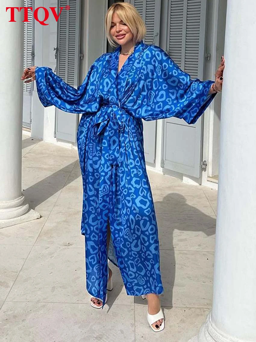 

TTQV Casual Loose Blue Womens Dresses Homewear Fashion Print Batwing Sleeve Lace-Up Dresses Elegant New Ankle-Length Dress 2023