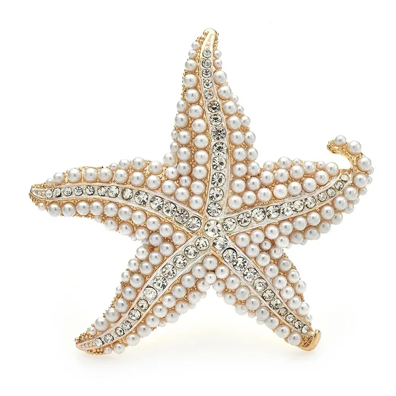 Vintage Women Men Fashion Exquisite Pearl Crystal Seastar Brooches Badges Elegant Lady Party Wedding Sea Animal Pines Buckles