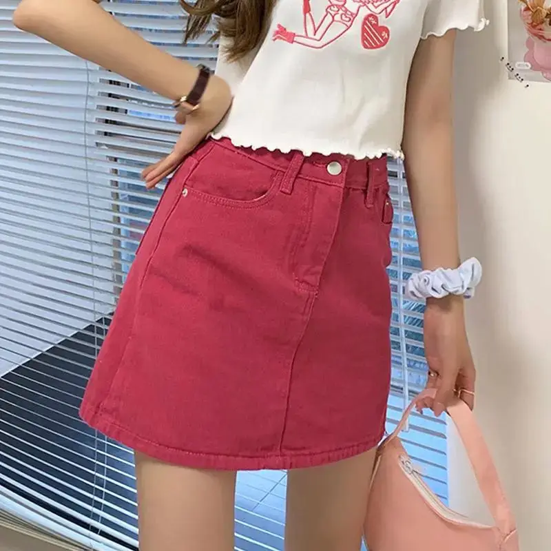 

Summer New Fashion Korean Version Was Thin Bag Hip Skirt Female Red A-line Skirt High Waist Denim Skirt