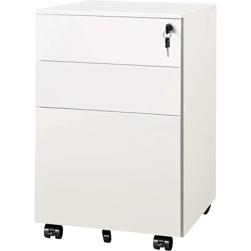 DEVAISE Locking File Cabinet, 3 Drawer Rolling Pedestal Under Desk Office, Fully Assembled Except Casters, White rolling cabinet white 60x53x72 cm chipboard