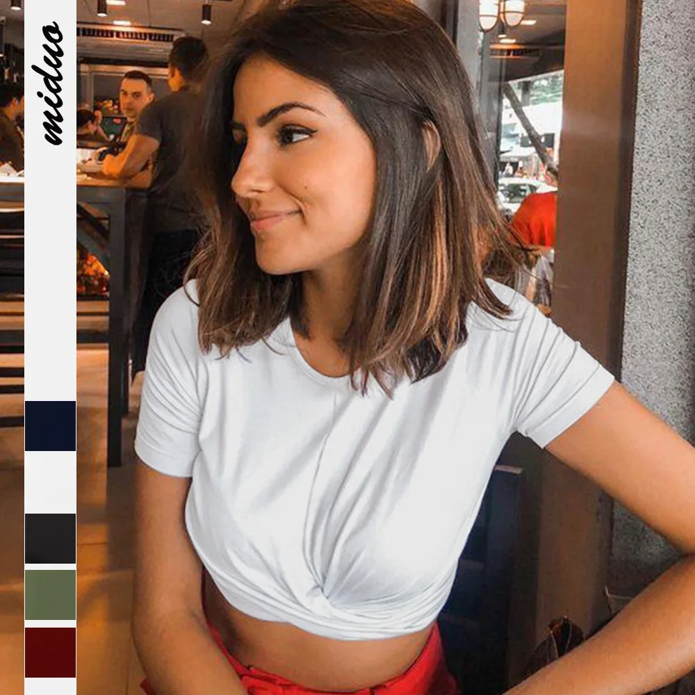 

MRMT 2024 Brand New Women's Pure Color Round Neck Short Sleeve T-Shirt Slim and Thin Navel Twisted Short Top