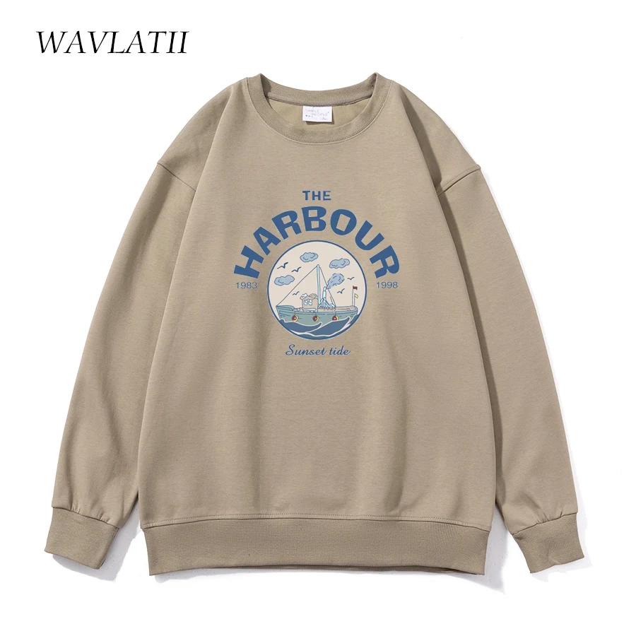 WAVLATII New Women Blue Oversized Sweatshirts Female White Soft Casual Hoodies Lady Khaki Korean Style Print Tops WH2228