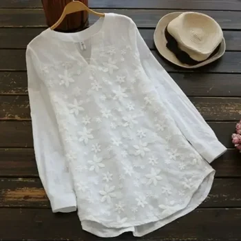 2024 Summer Autumn Hot Blouse Women Lace Long Sleeve Tops V Neck Embroidery Loose Plus Size S-5XL Elegant Shirt Blusas Female 1