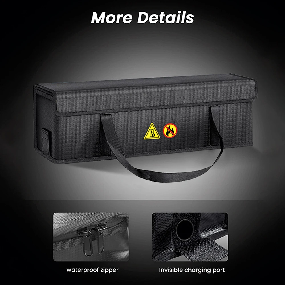 Sac ignifuge pour batterie RC posé à plat, vue d'ensemble du matériau résistant au feu et à l'eau.