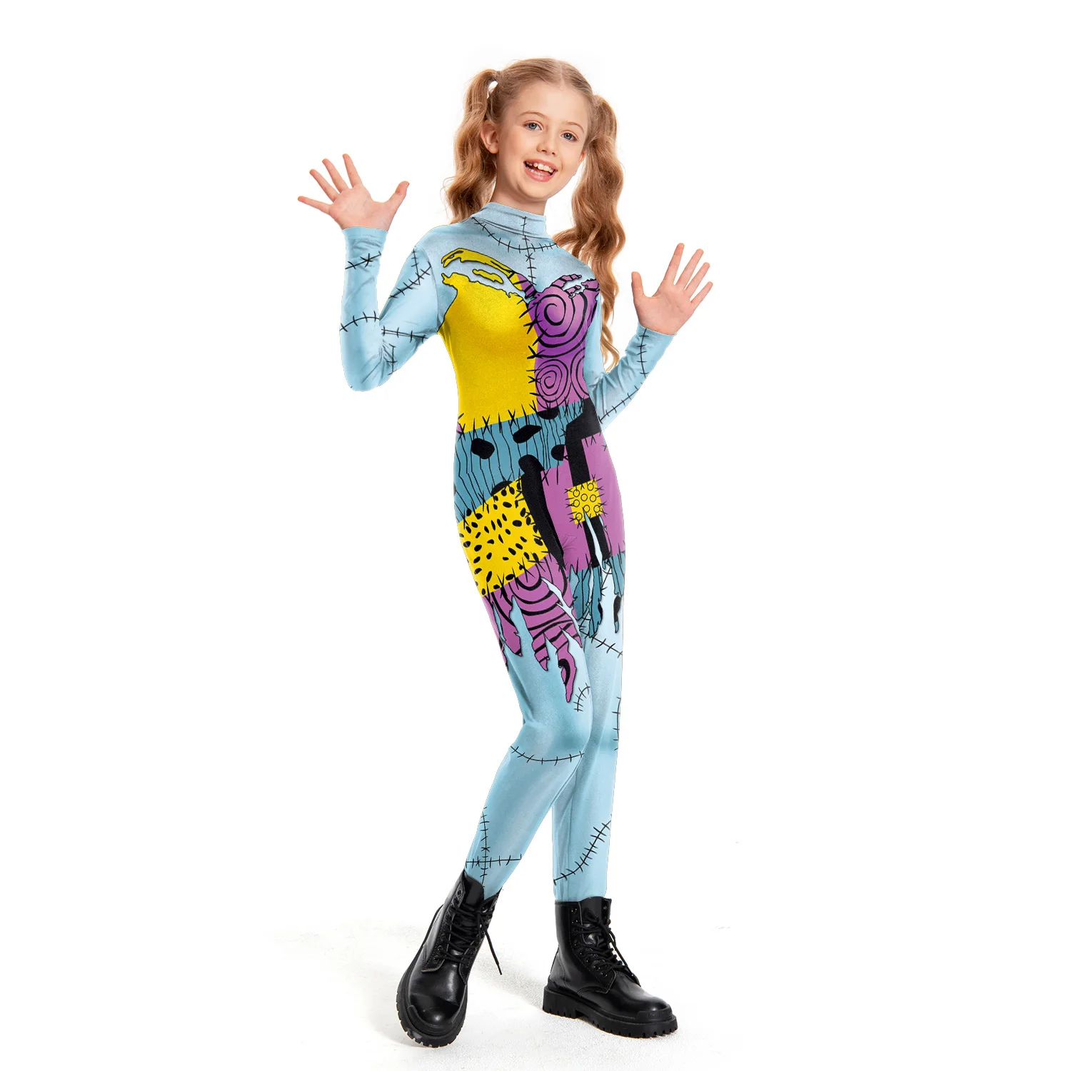 VIP FASHION Kid Sally Halloween Costume Girl Patchwork Print Bodysuit Fancy Disguise Suit Carnival Party Clothes Zentai Catsuit