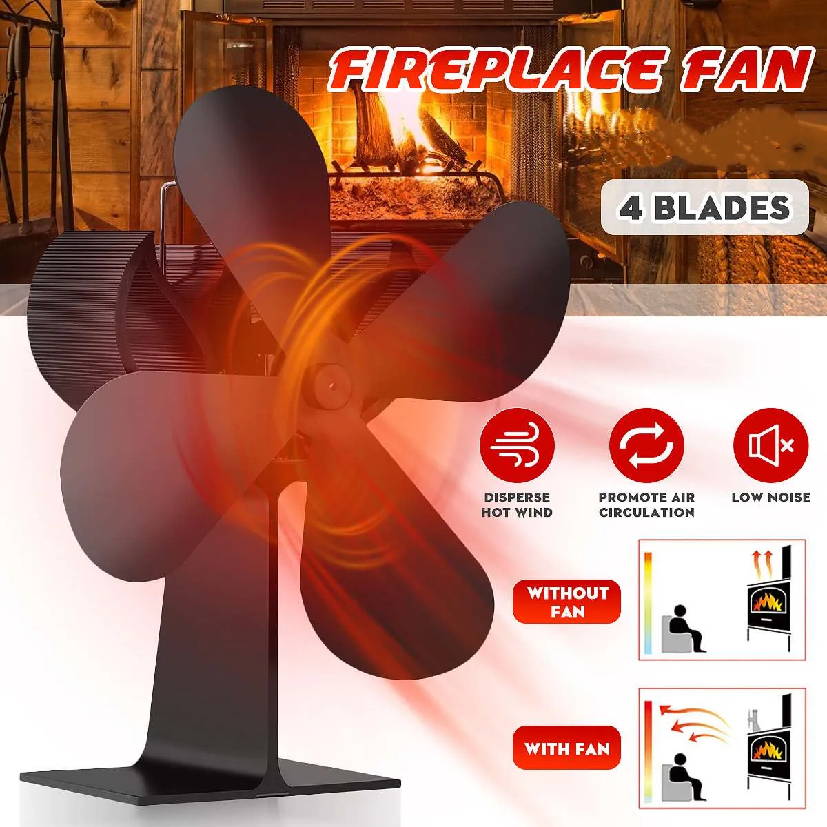 

Black Fireplace 4 Blade Heat Powered Stove Fan komin Log Wood Burner Eco Friendly Quiet Fan Home Efficient Heat Distribution
