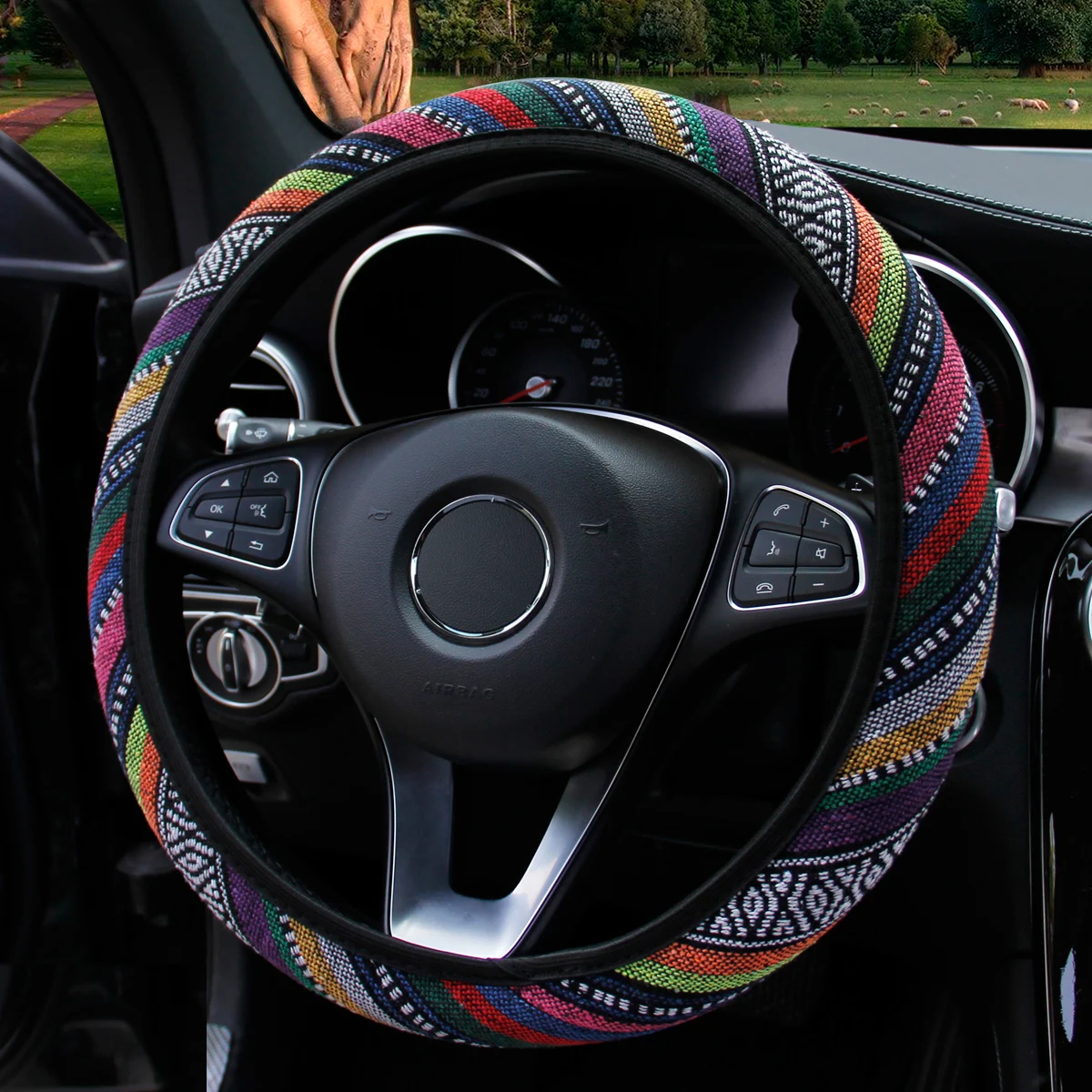Bohemian-Stil Leinen Atmungsaktiver Rutschfester Auto-Ornament Ohne Innenring Lenkradbezug Passend für 14,5-15 Zoll – Detail 2