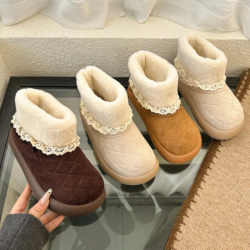 Aphixta Sweet Lace Snow Boots Cow Suede Upper Warm Woman Ankle Boots Round Toe Fashion Woman Autumn Winter Short Plush Shoes