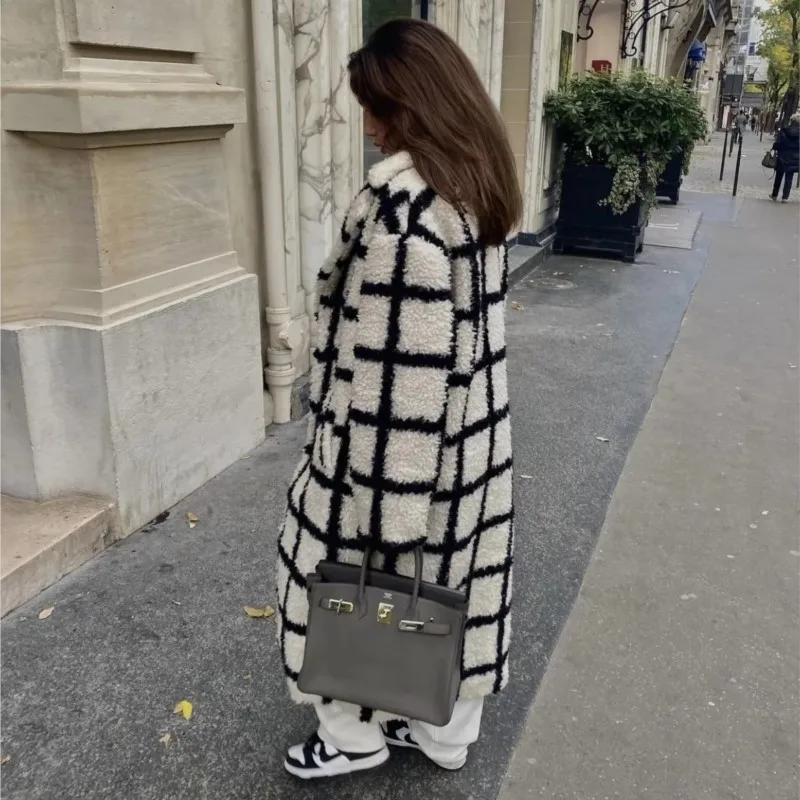 Winter Notched Collar Plaid Hairy Shaggy Faux Fur Long Teddy Coat Woman Shearling Fluffy X-Long Jackets Keep Warm Outerwear