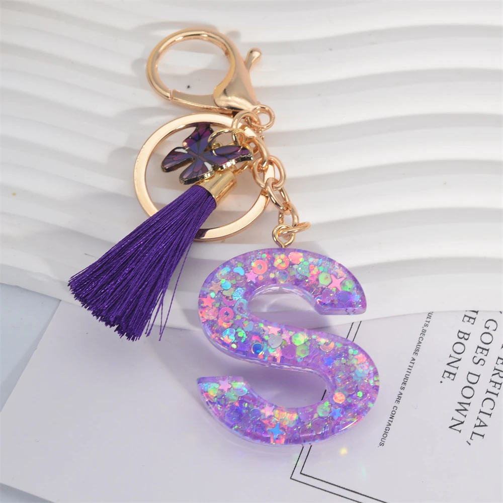 Resin Alphabet Initial Keychain With Butterfly Tassel – Purple/Blue, Medium