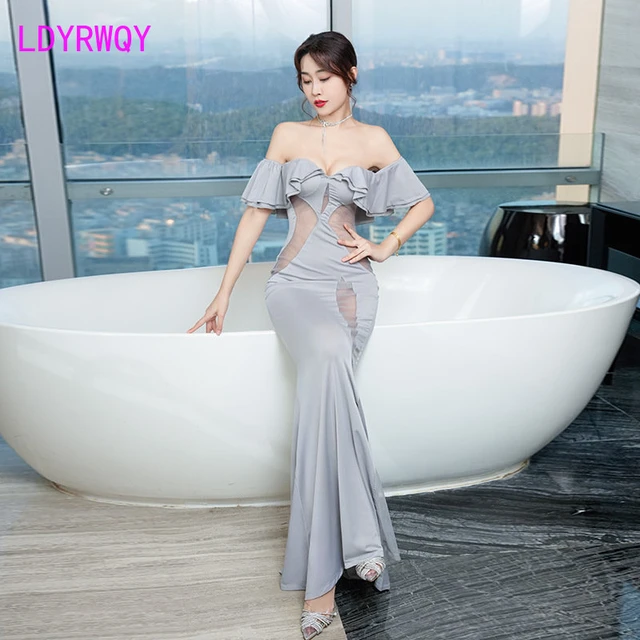 2023 New Sexy One Line Neck Off Shoulder Bra Perspective Long Dress  Temperament Slim Fit Wrap Hip