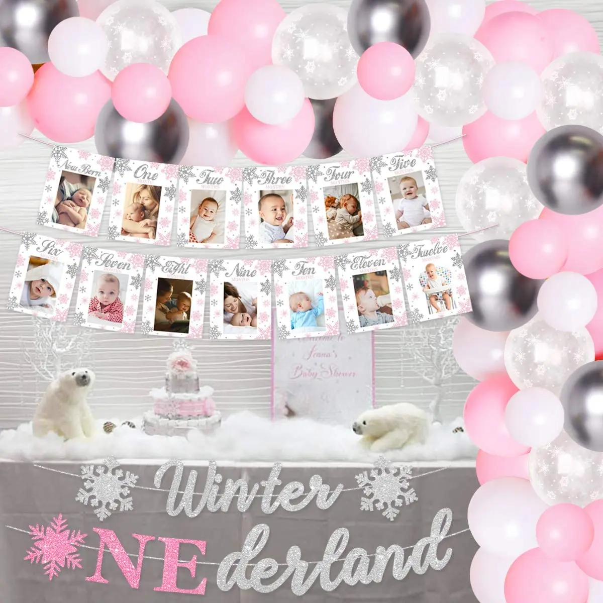 

Cheereveal Wonderland 1st Birthday Decorations Girl Winter Onederland Photo Banner Pink Silver Snowflake Balloon Garland Kit