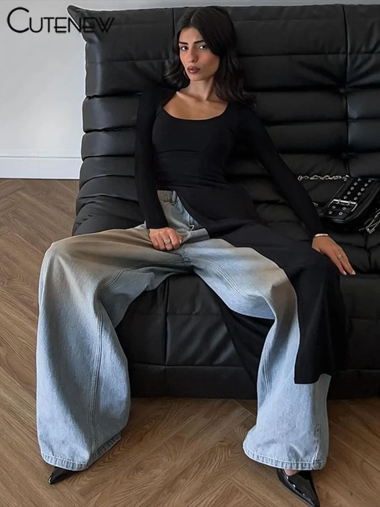 Solid Super Long Tops Women Casual Fashion Full Sleeve Square Neck Splited Skinny Tees Solid Concise Female Classic Wear