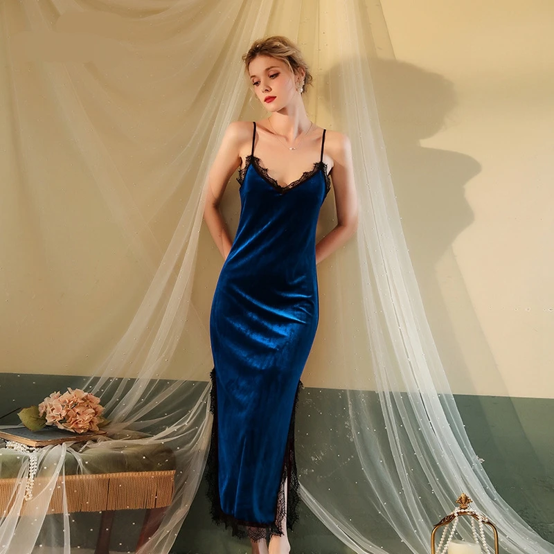 Negligee Velvet Long Night Dress Nightwear Sleepwear Summer Nightdress Night Wear Chinese Qipao Women's Dressing Gown