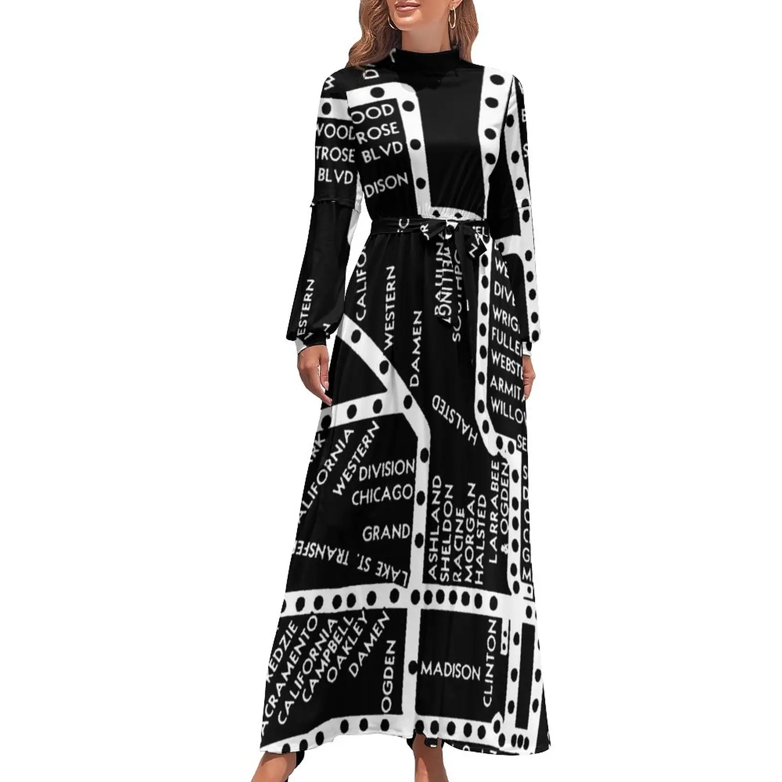 

Vintage Map Dress Chicago Subway Train Print Elegant Graphic Maxi Dress High Waist Long Sleeve Stylish Beach Long Dresses