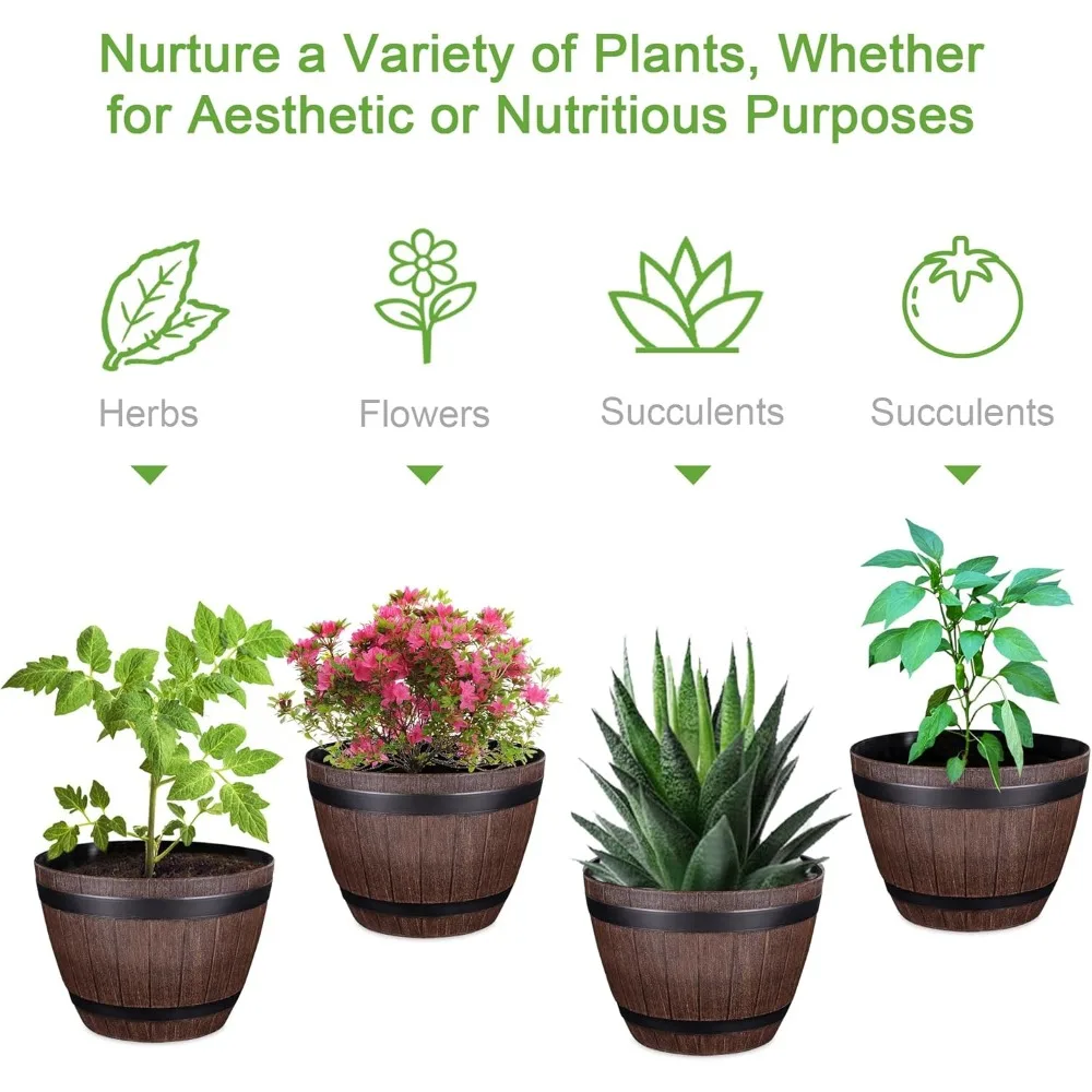 Plant Pots with Drainage Holes & Saucer, 9/11.3/13 Inch Flower Pots with Tray,3 Pack Plastic Whiskey Barrel Planters for Indoor 4