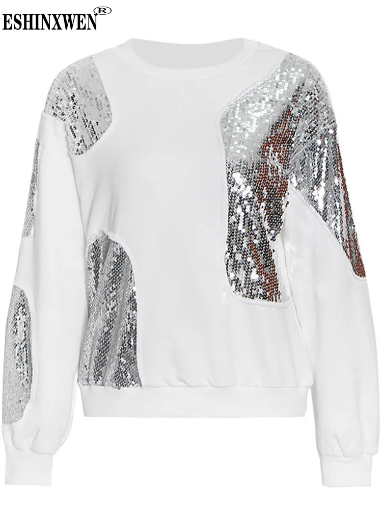 

Eshin Round Collar Long Sleeve Patchwork Sequined T Shirt For Women 2024 Spring Fashion Female New Elegant Y2k Clothing TH6091