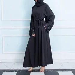2024 Islam Abaya Dress Embroidered Sequin Cuffs Robe Femme Musulmane Solid Color Casual Women's Dress for Europe and America